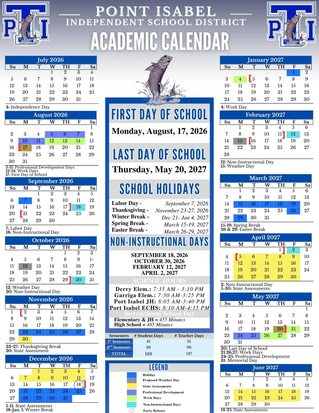 Point Isabel ISD 2026–2027 academic calendar