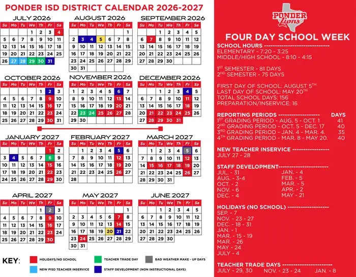 Ponder ISD 2026–2027 academic calendar