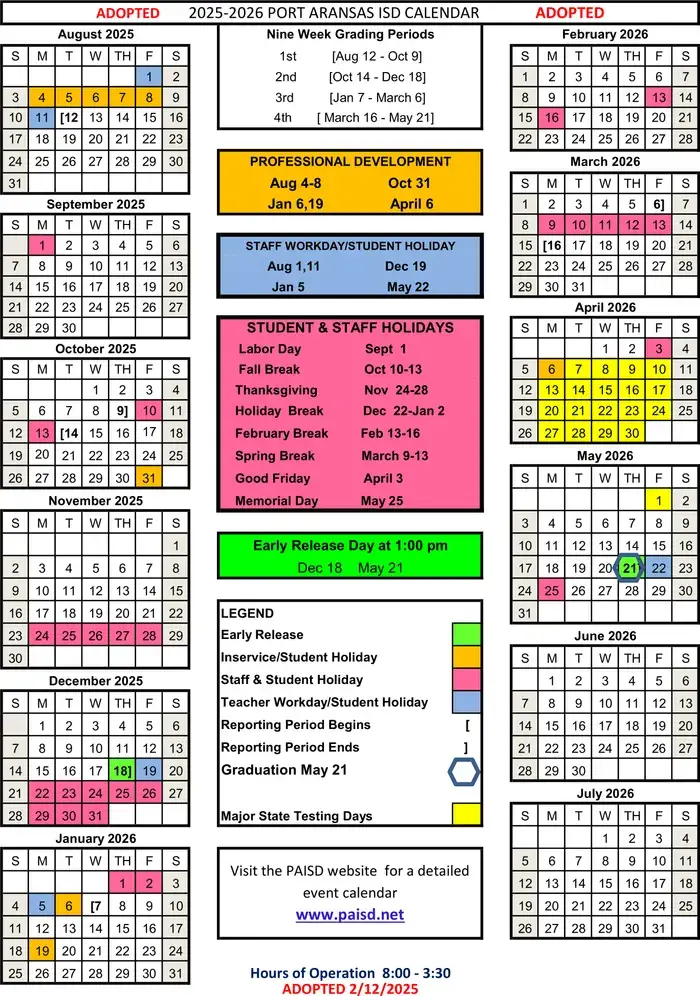 Port Aransas ISD 2026–2027 academic calendar
