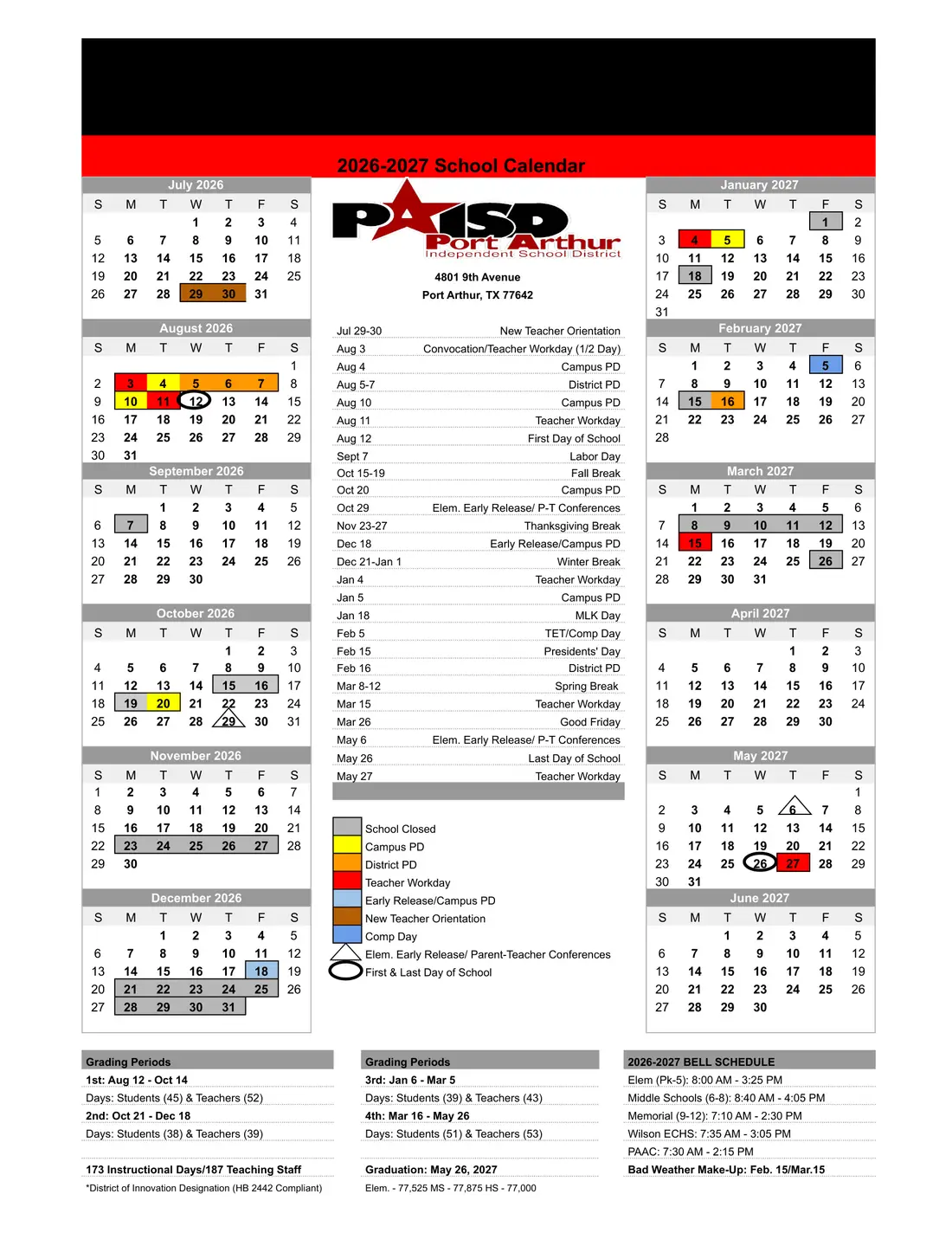 Port Arthur ISD 2026–2027 academic calendar