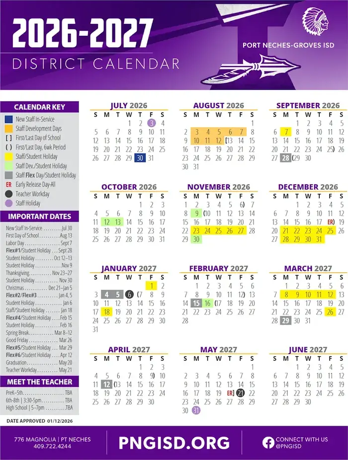 Port Neches-groves ISD 2026–2027 academic calendar