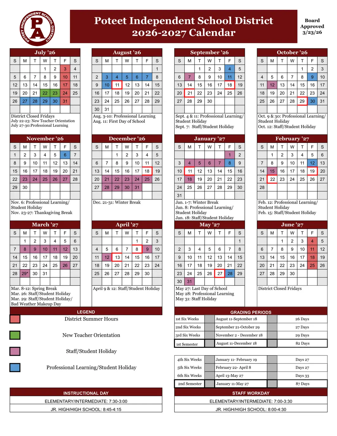 Poteet ISD 2026–2027 academic calendar