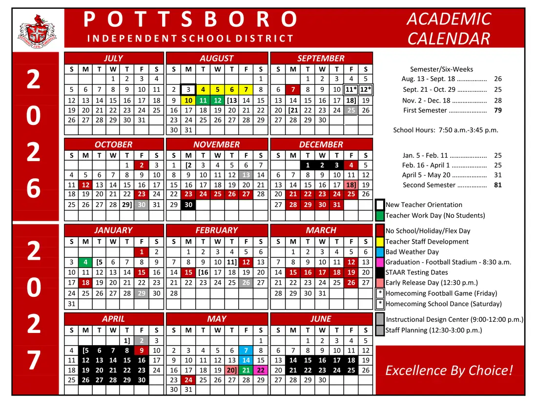 Pottsboro ISD 2026–2027 academic calendar