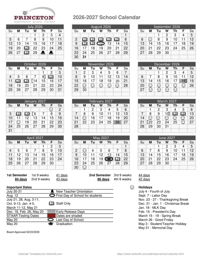 Princeton ISD 2026–2027 academic calendar