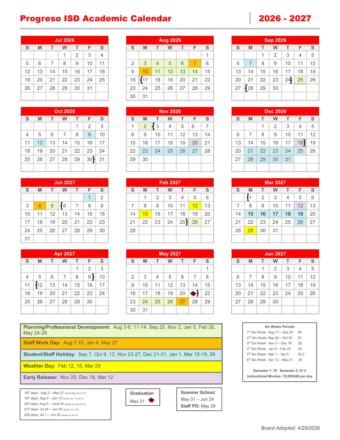Progreso ISD 2026–2027 academic calendar