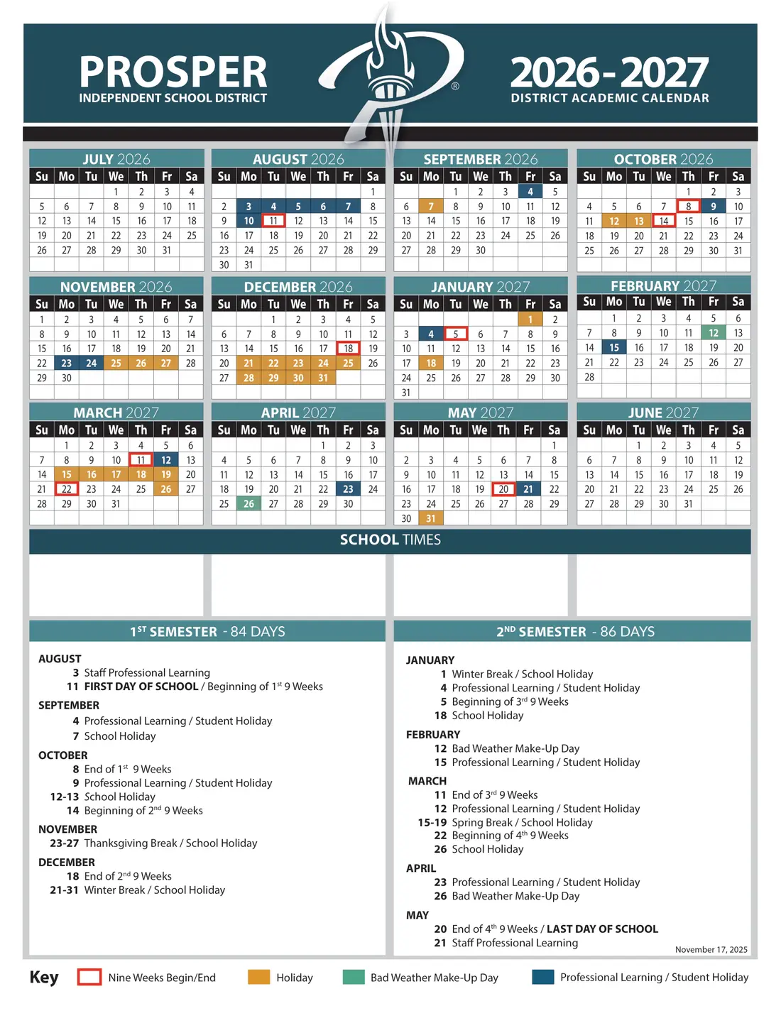 Prosper ISD 2026–2027 academic calendar