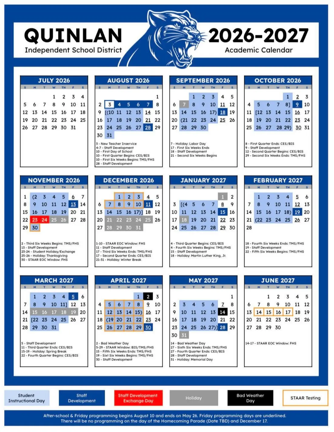 Quinlan ISD 2026–2027 academic calendar