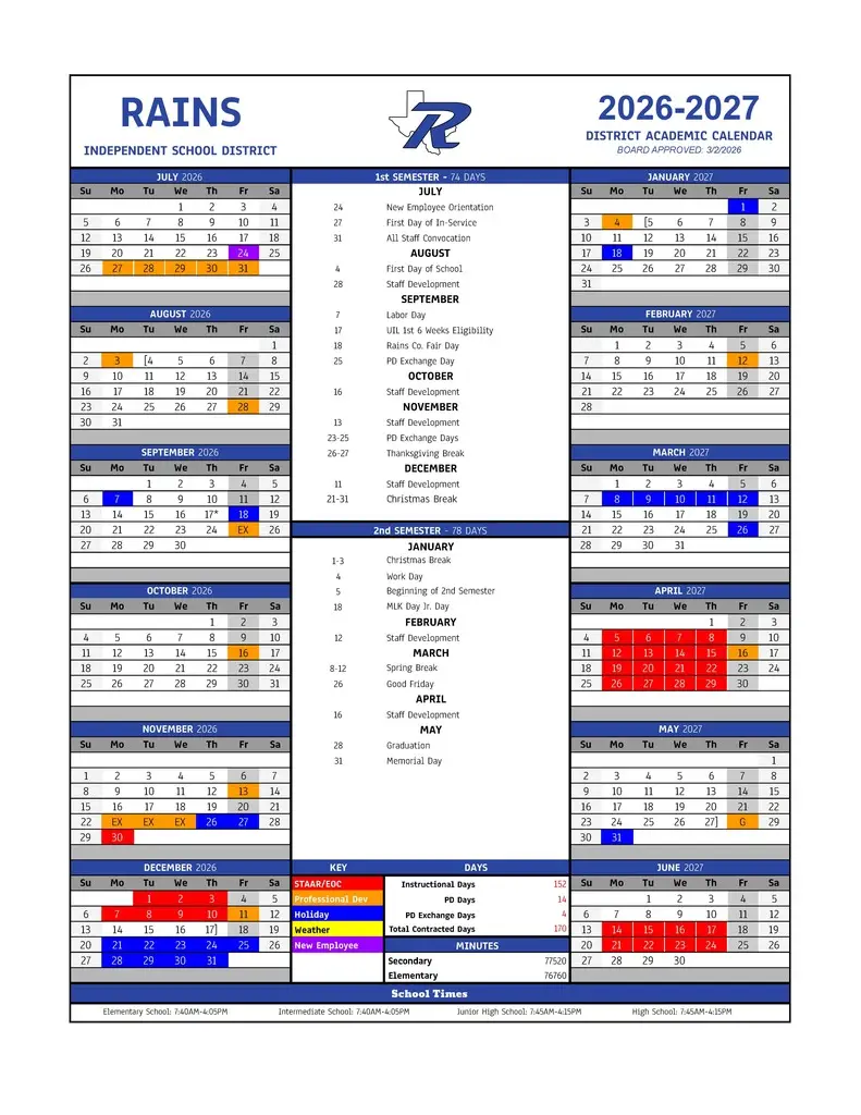 Rains ISD 2026–2027 academic calendar