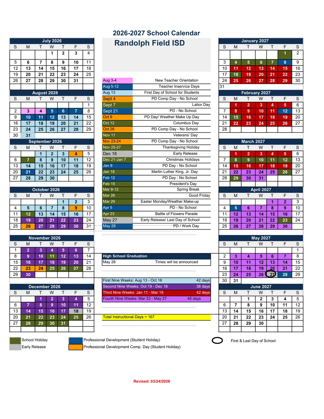 Randolph Field ISD 2026–2027 academic calendar