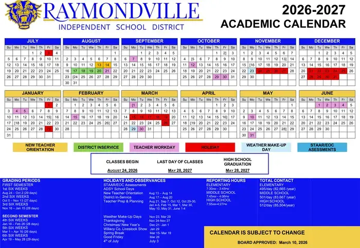 Raymondville ISD 2026–2027 academic calendar