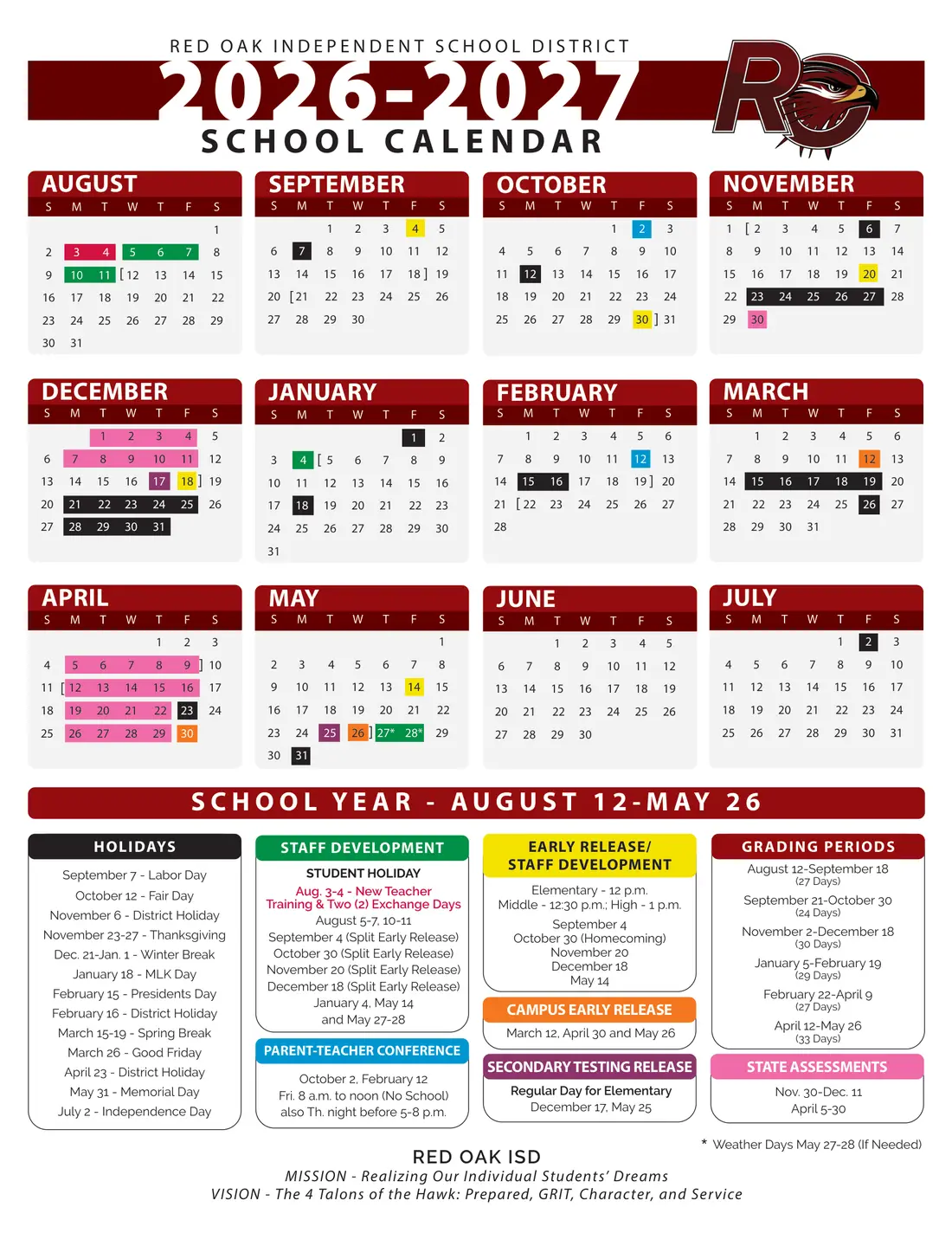 Red Oak ISD 2026–2027 academic calendar