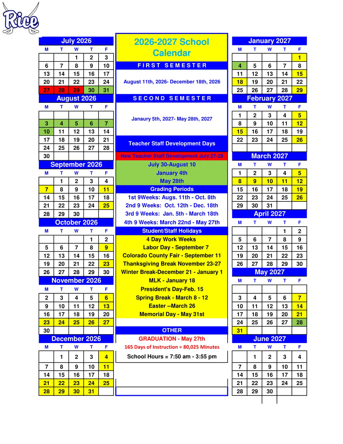 Rice ISD 2026–2027 academic calendar
