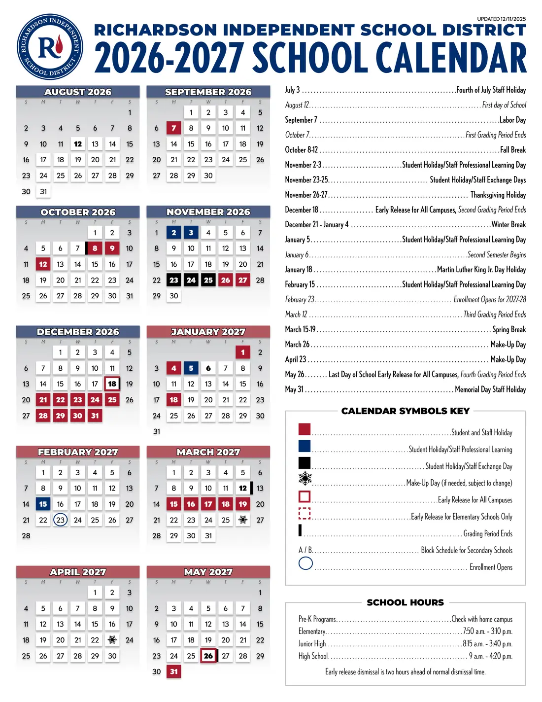 Richardson ISD 2026–2027 academic calendar