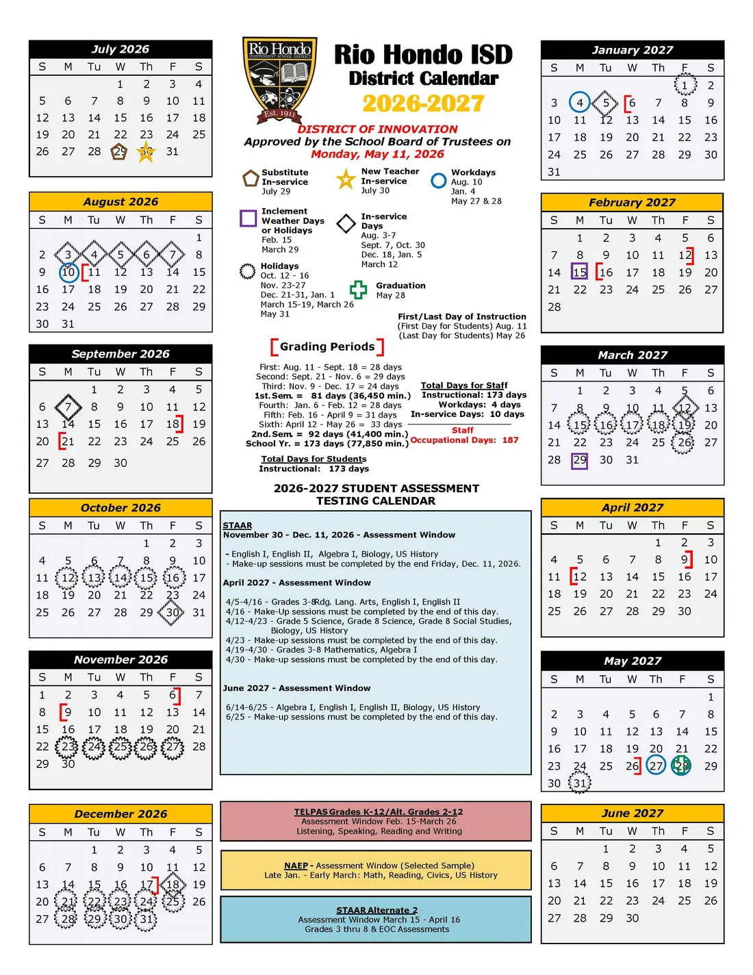 Rio Hondo ISD 2026–2027 academic calendar