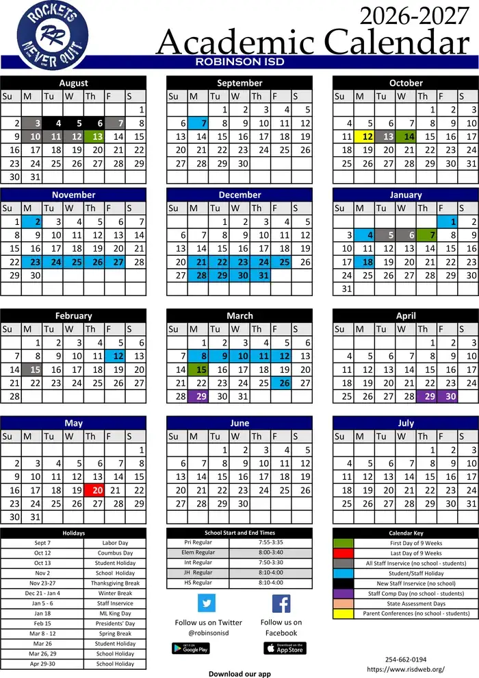 Robinson ISD 2026–2027 academic calendar