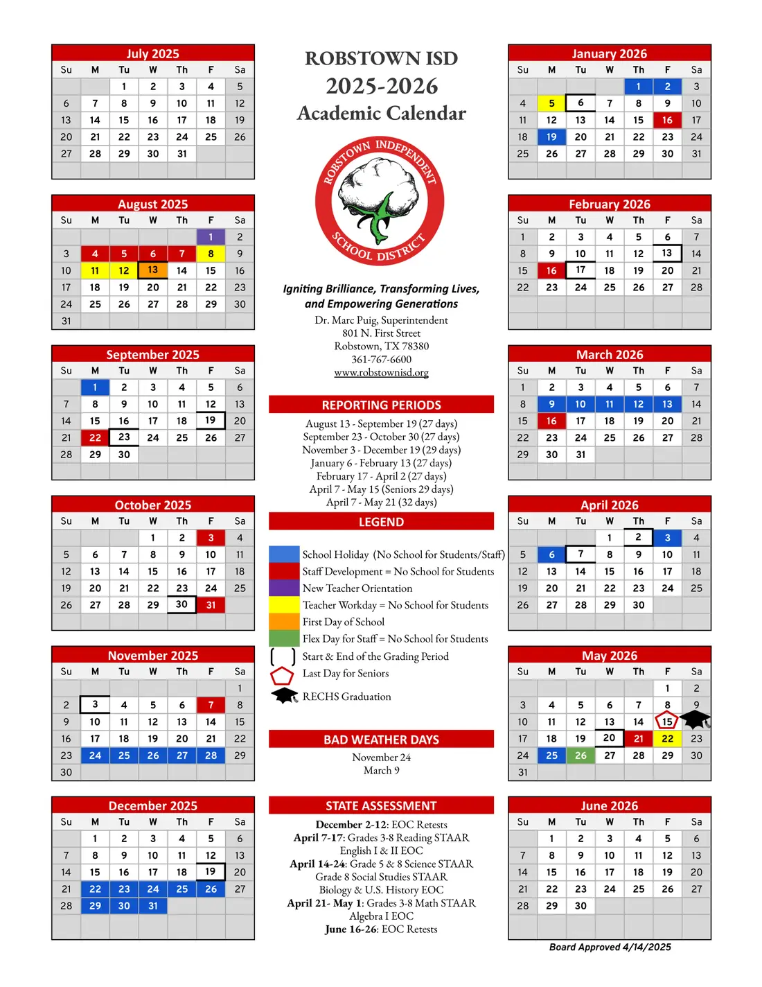 Robstown ISD 2026–2027 academic calendar