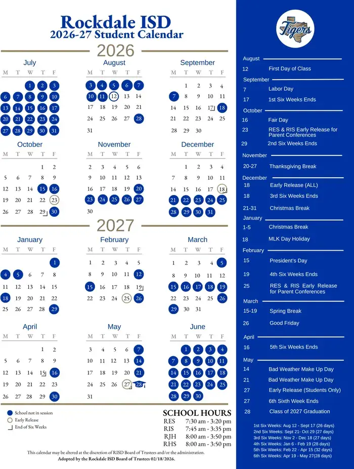 Rockdale ISD 2026–2027 academic calendar