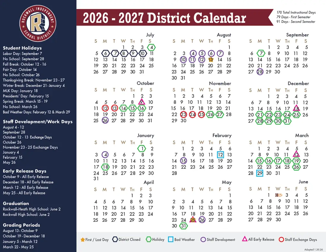 Rockwall ISD 2026–2027 academic calendar