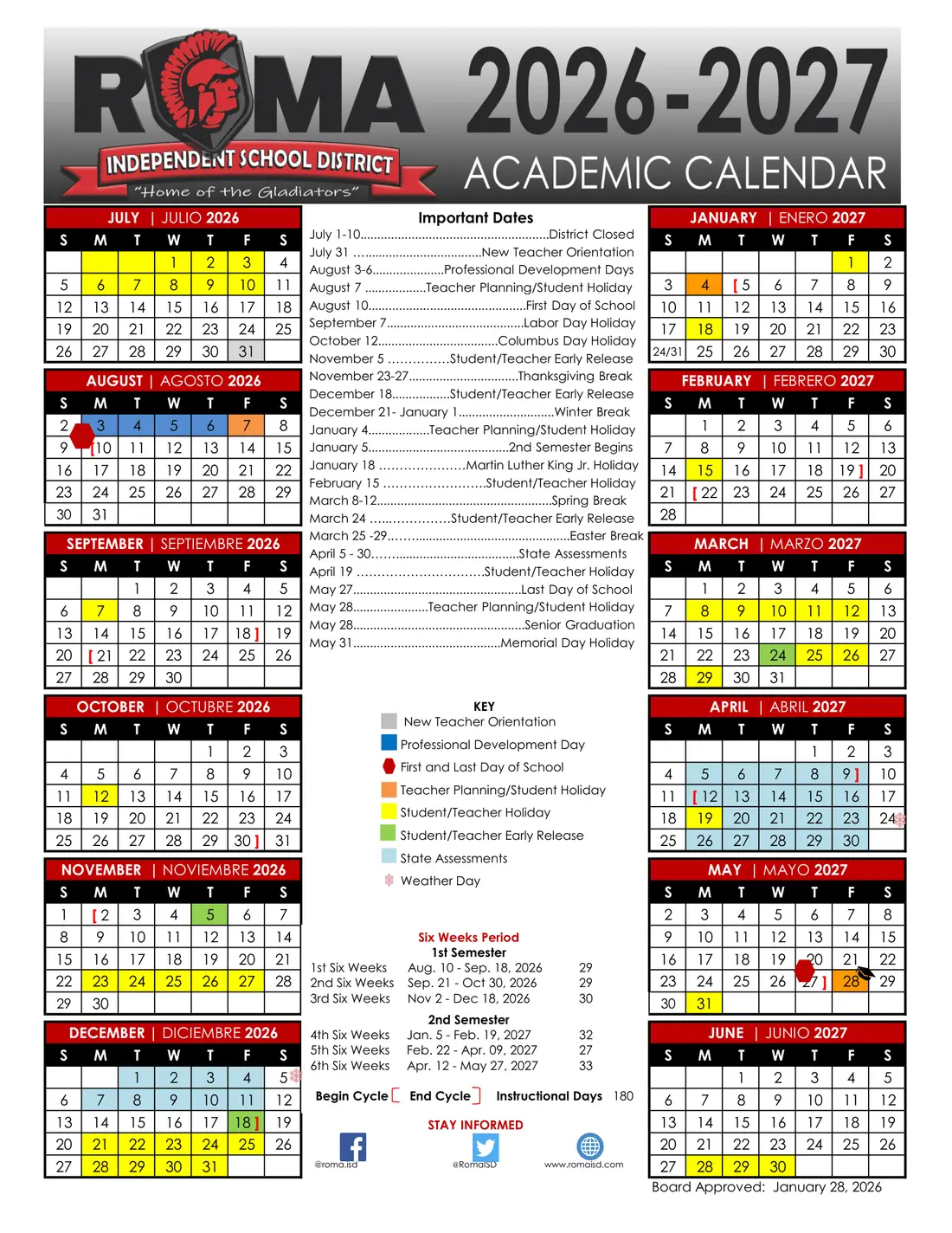 Roma ISD 2026–2027 academic calendar