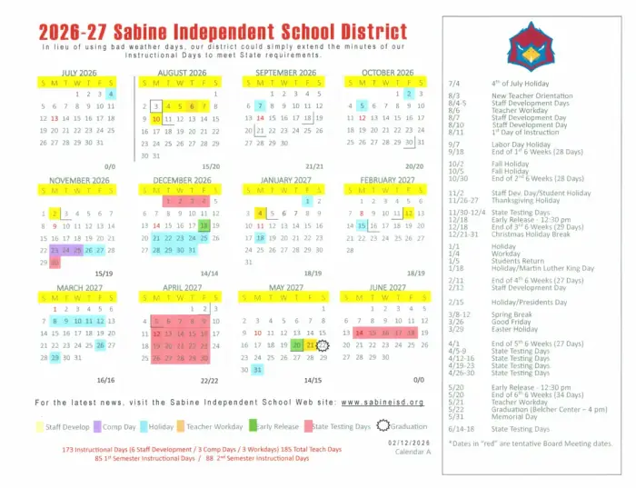 Sabine ISD 2026–2027 academic calendar
