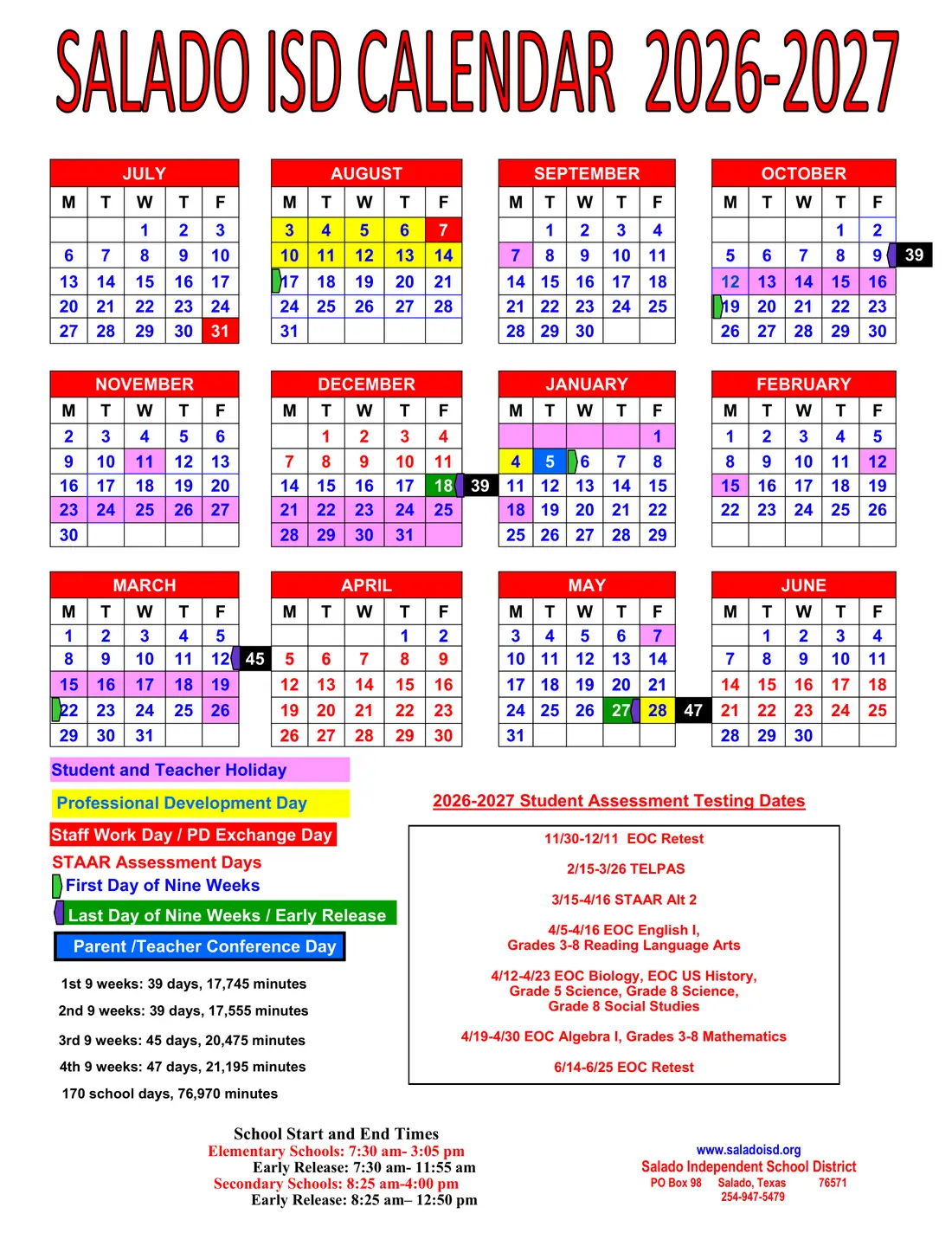 Salado ISD 2026–2027 academic calendar