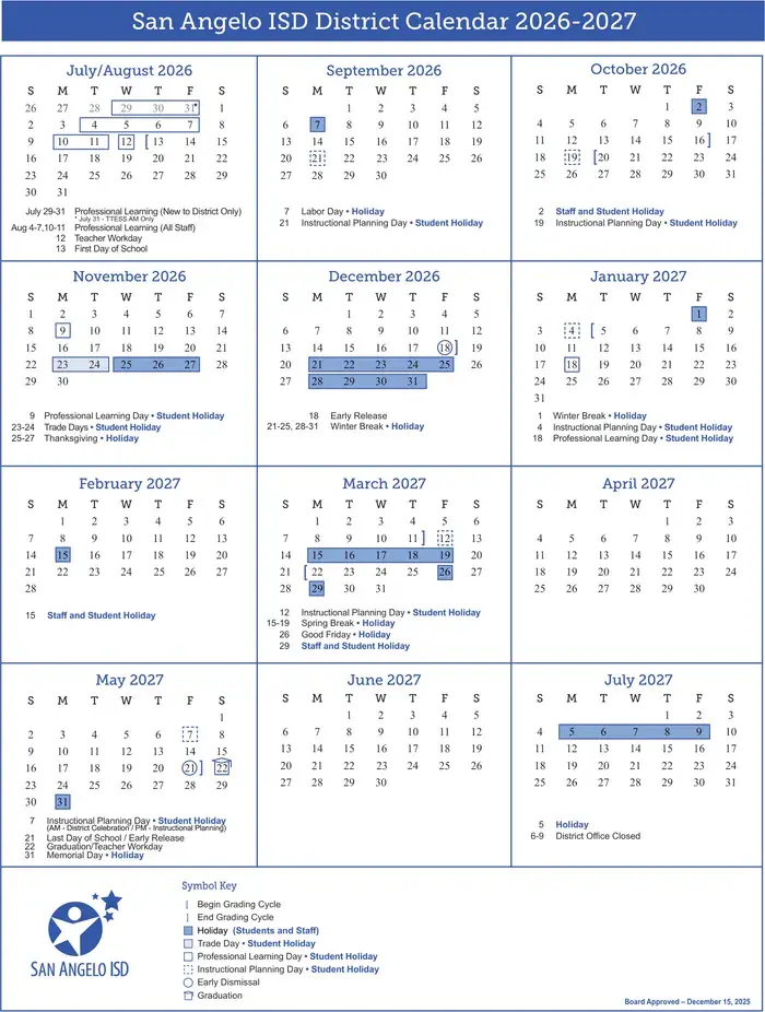 San Angelo ISD 2026–2027 academic calendar