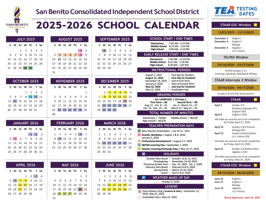 San Benito CISD 2026–2027 academic calendar