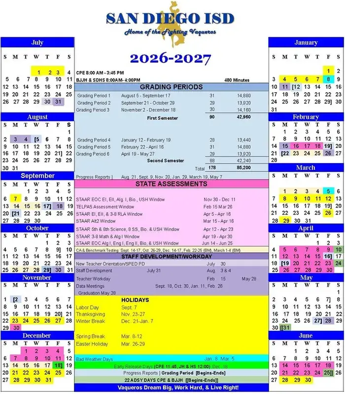 San Diego ISD 2026–2027 academic calendar