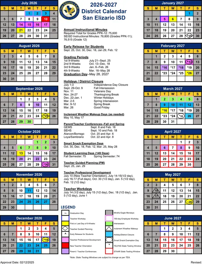 San Elizario ISD 2026–2027 academic calendar