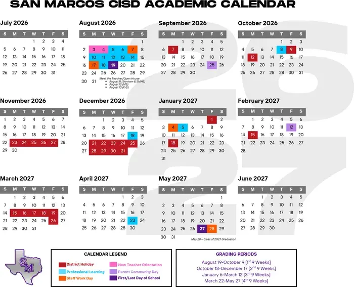 San Marcos CISD 2026–2027 academic calendar