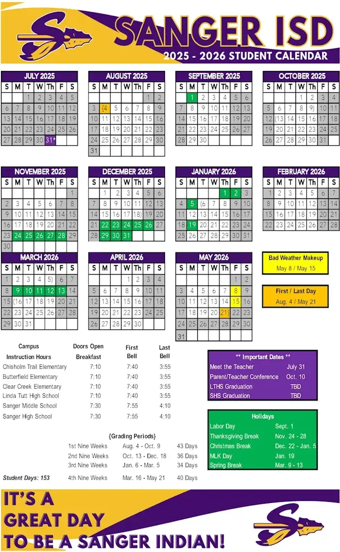 Sanger ISD 2026–2027 academic calendar