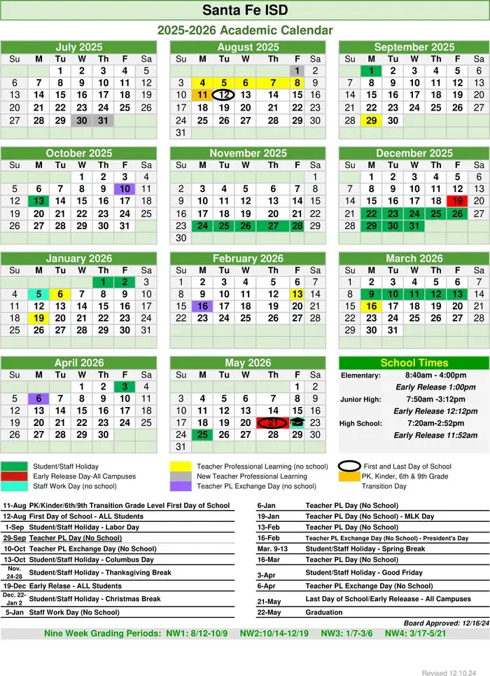 Santa Fe ISD 2026–2027 academic calendar