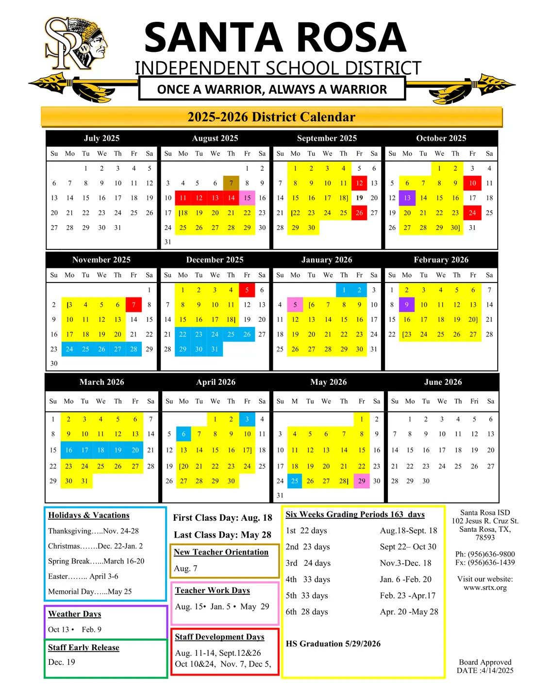Santa Rosa ISD 2026–2027 academic calendar