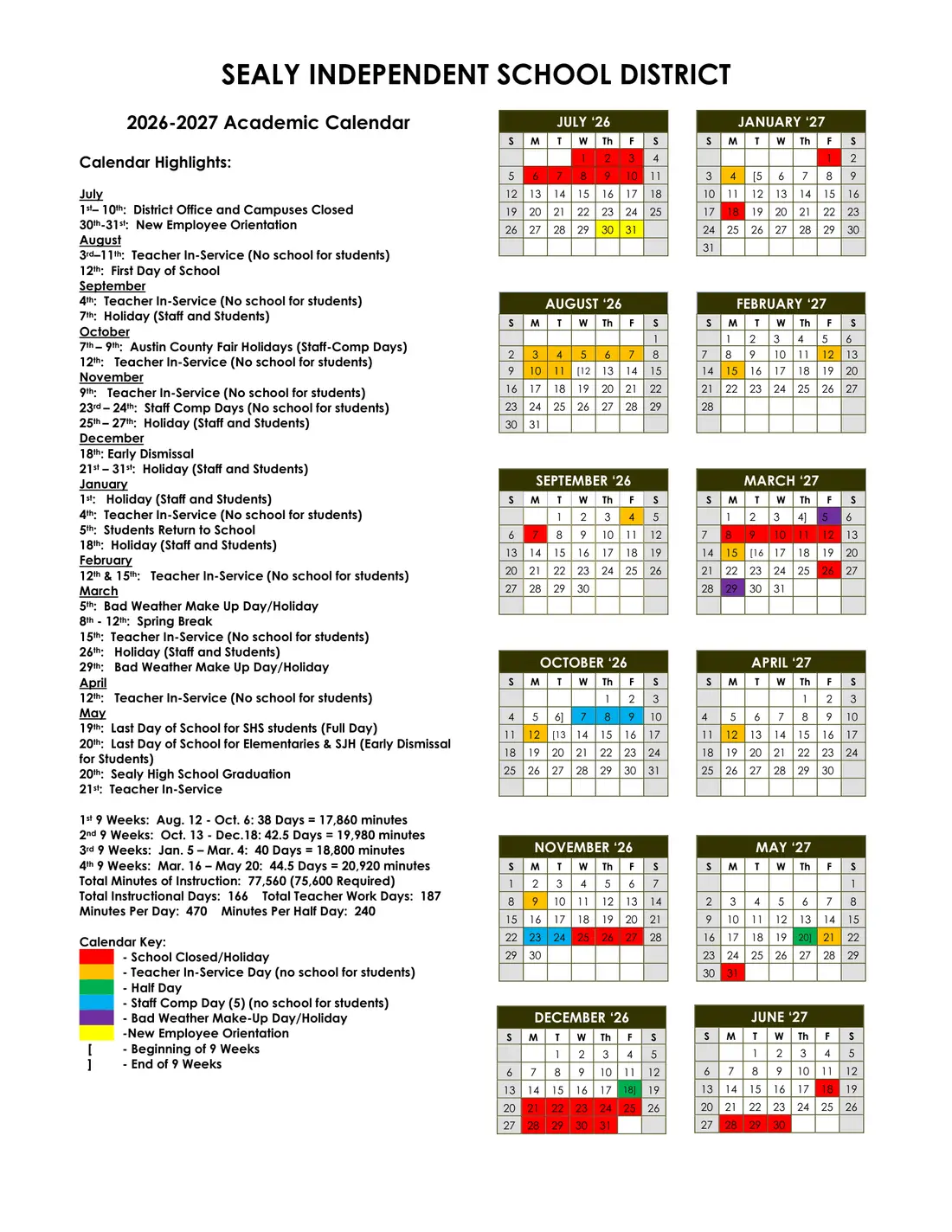 Sealy ISD 2026–2027 academic calendar