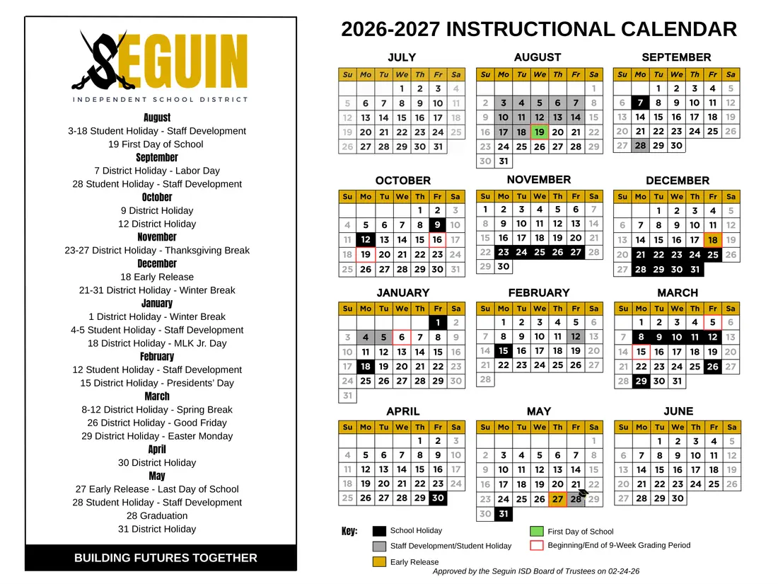 Seguin ISD 2026–2027 academic calendar