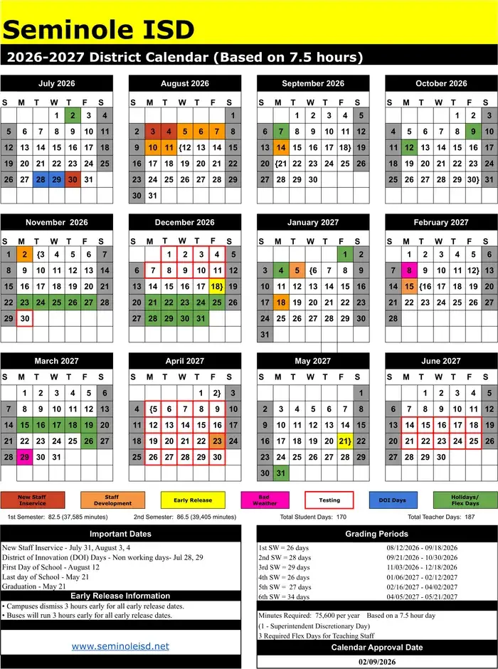 Seminole ISD 2026–2027 academic calendar