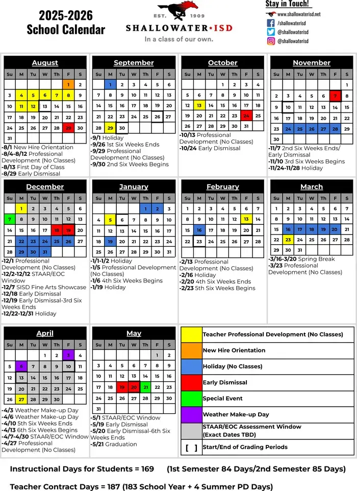 Shallowater ISD 2026–2027 academic calendar