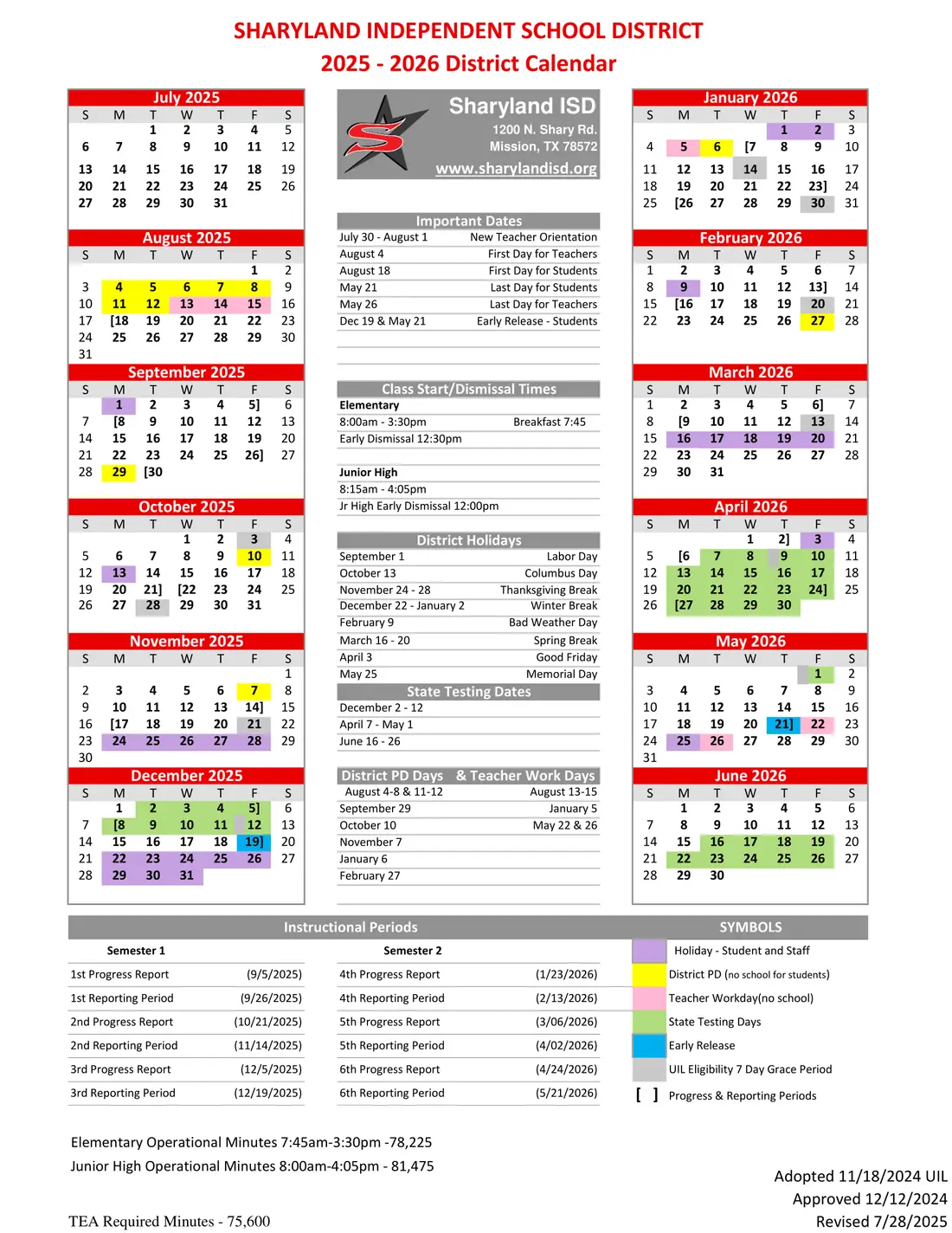 Sharyland ISD 2026–2027 academic calendar