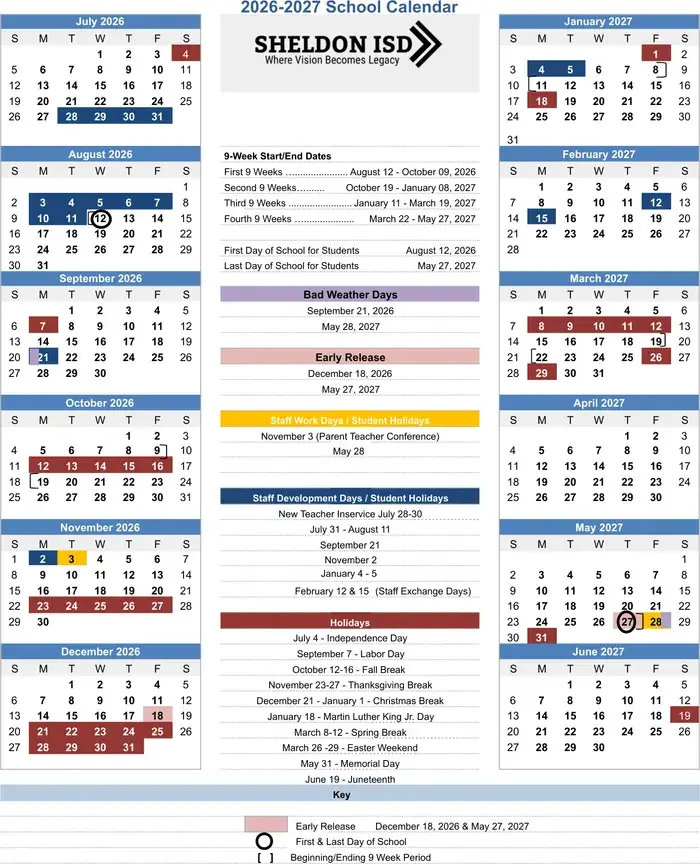 Sheldon ISD 2026–2027 academic calendar