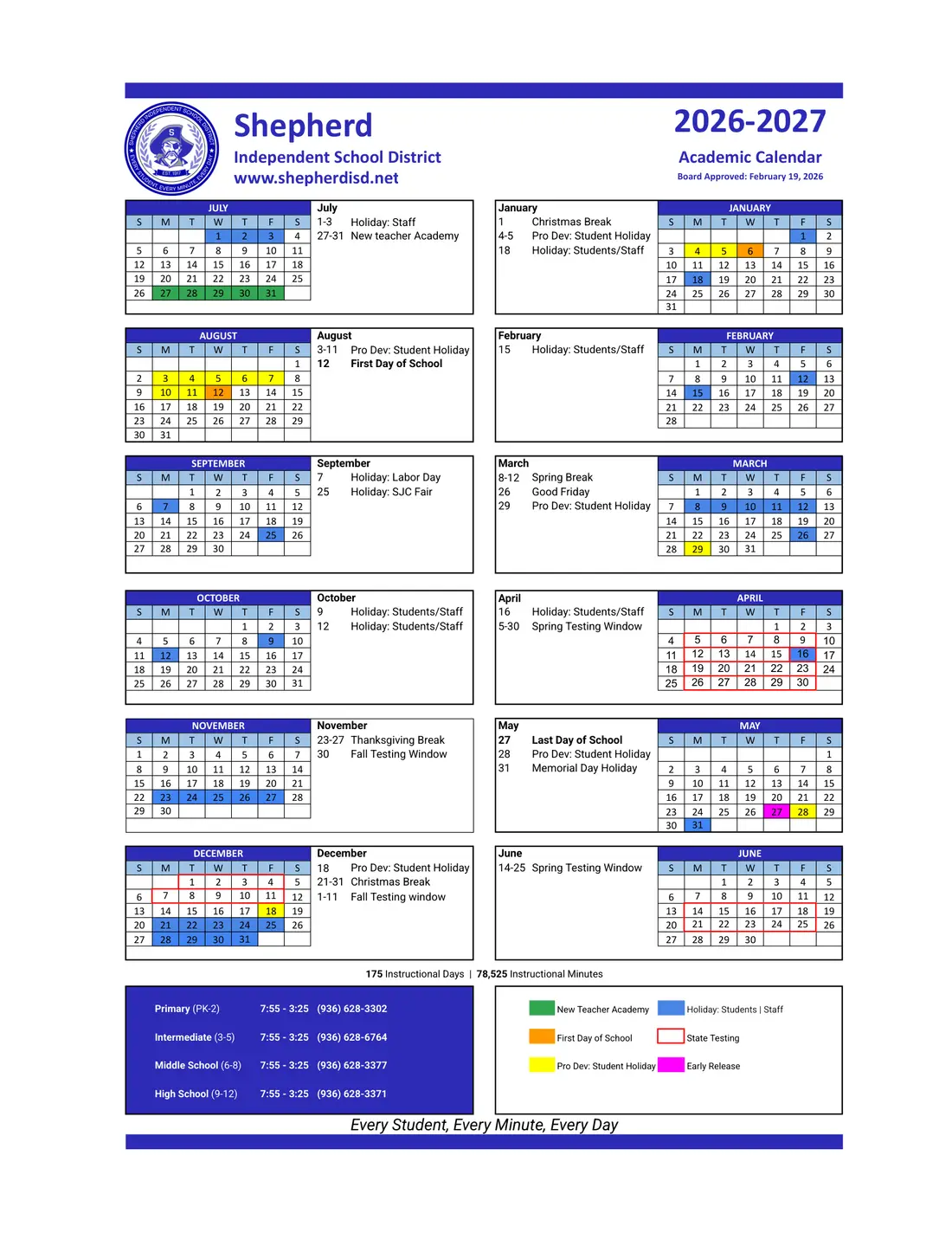 Shepherd ISD 2026–2027 academic calendar