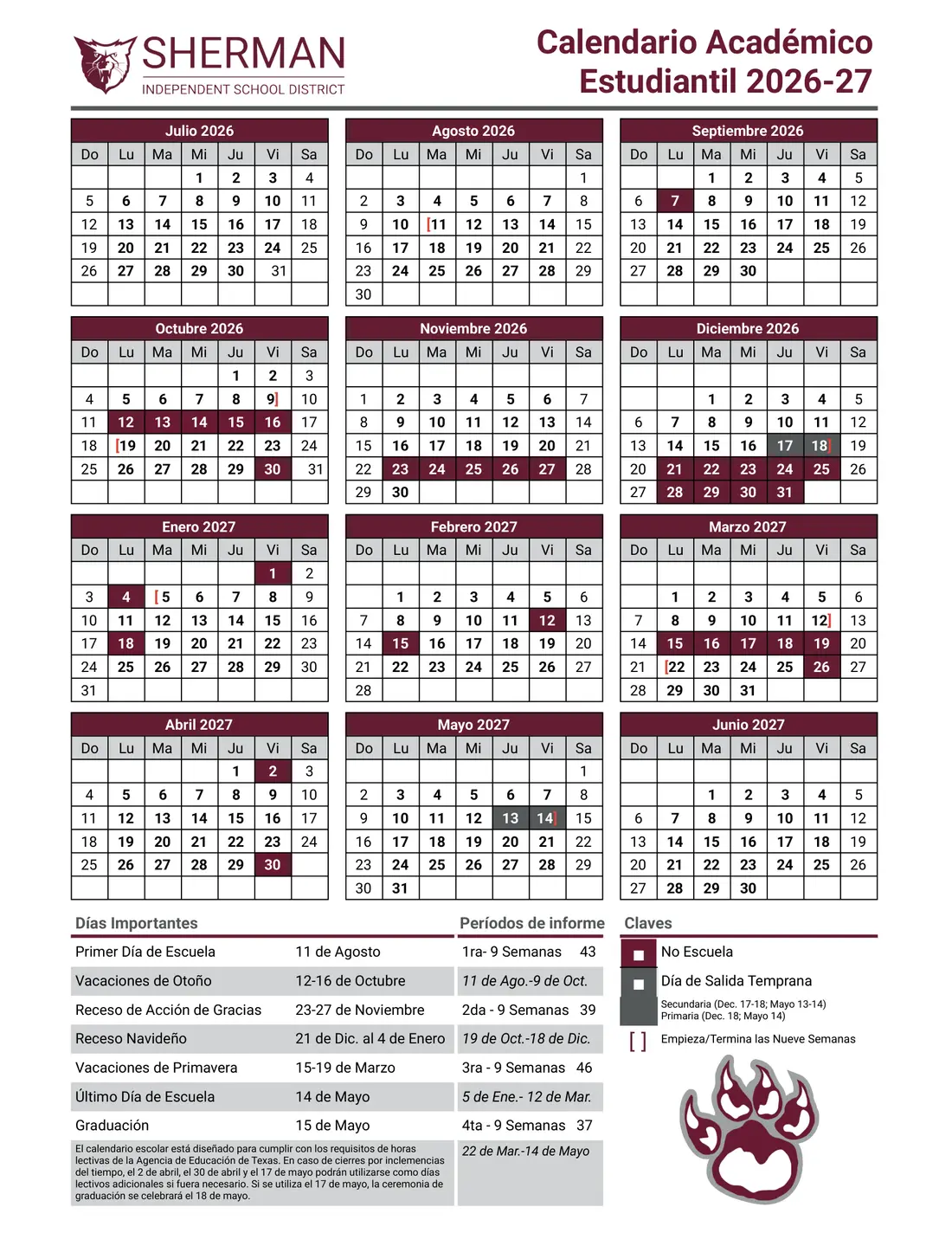 Sherman ISD 2026–2027 academic calendar