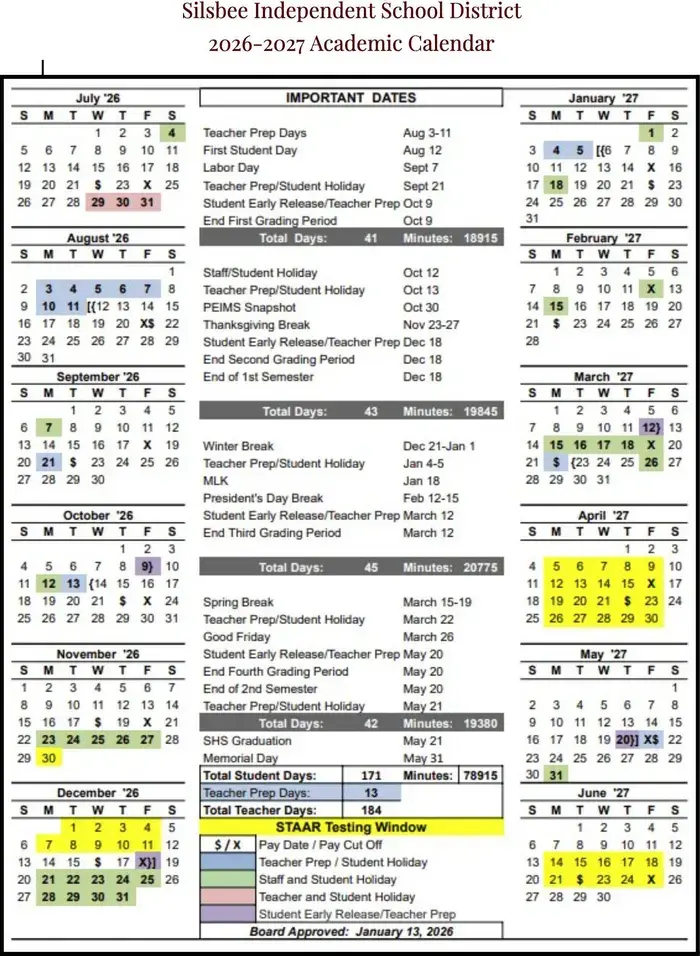 Silsbee ISD 2026–2027 academic calendar