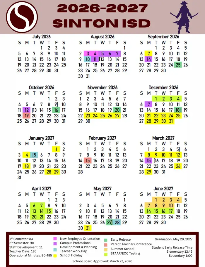 Sinton ISD 2026–2027 academic calendar
