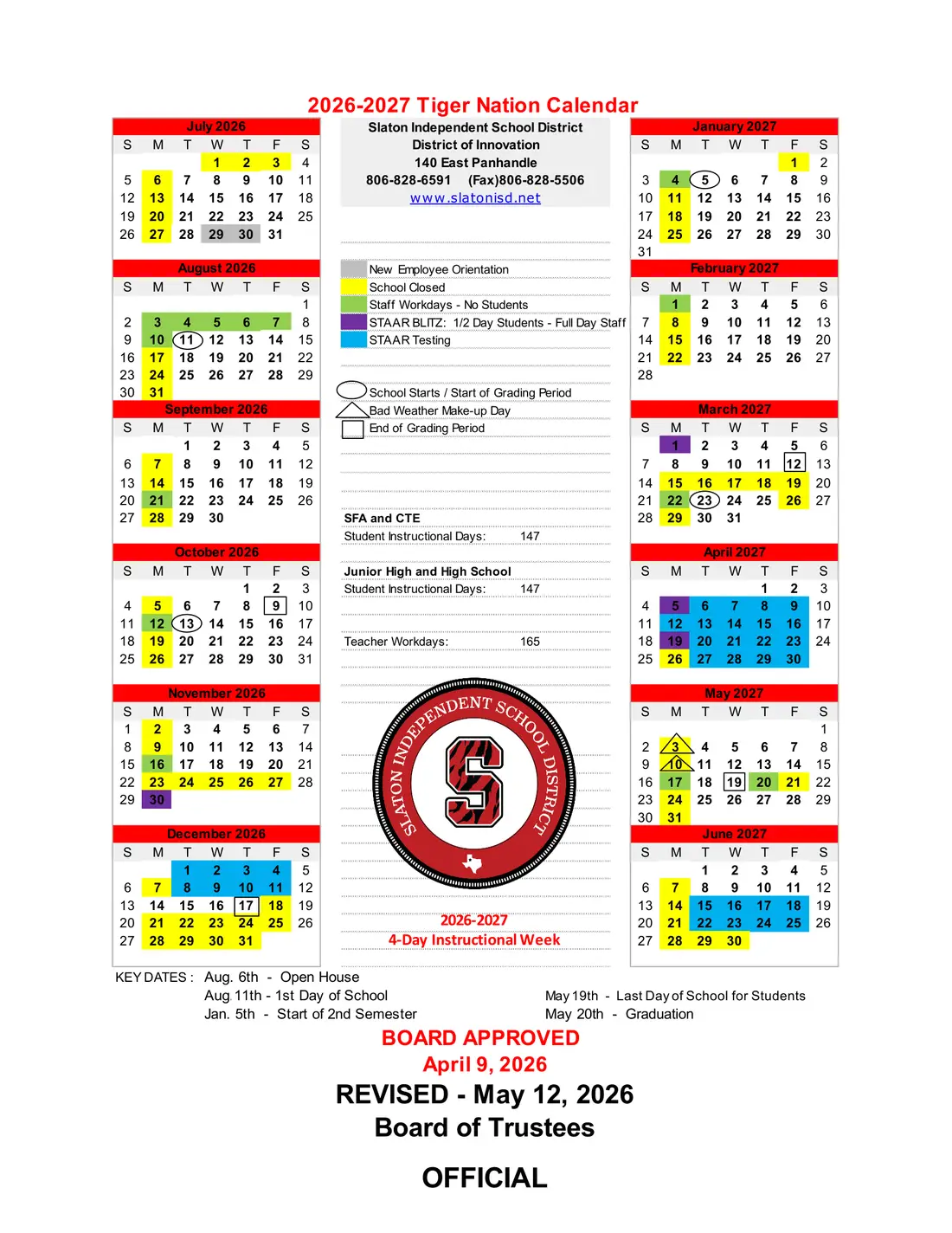 Slaton ISD 2026–2027 academic calendar