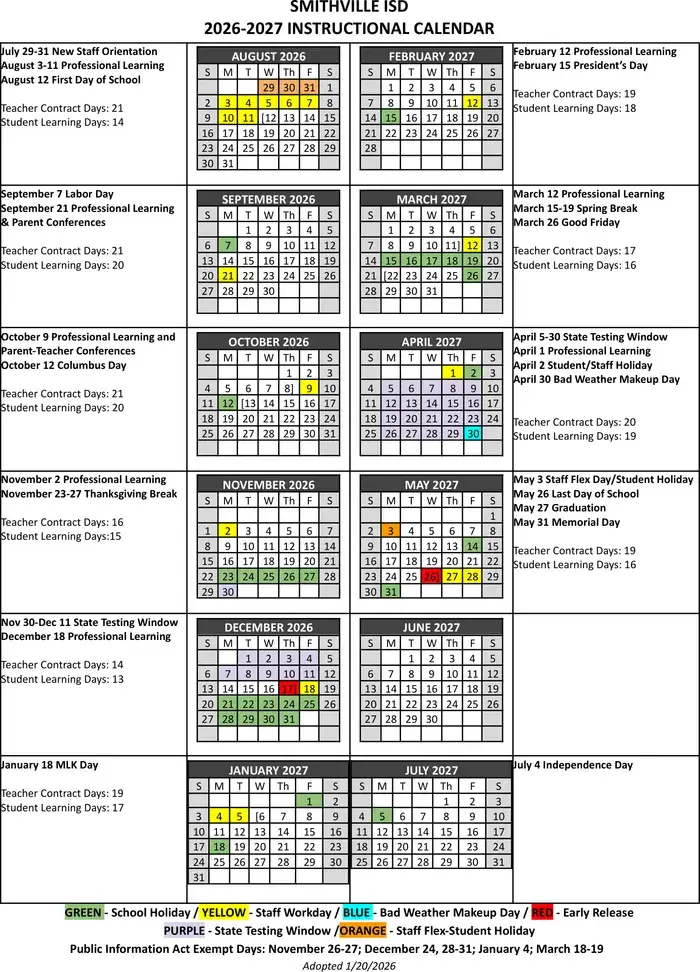 Smithville ISD 2026–2027 academic calendar