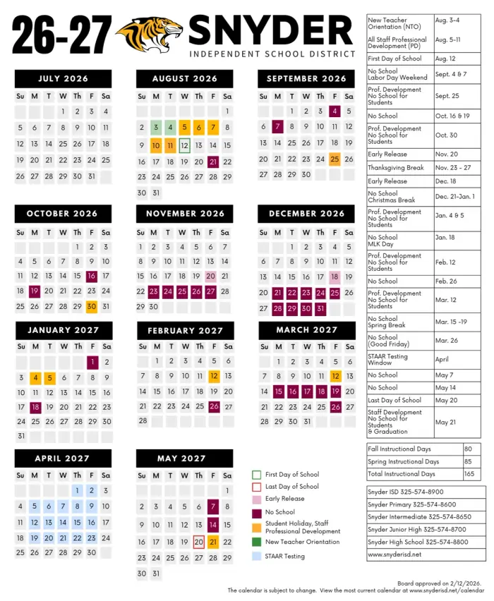 Snyder ISD 2026–2027 academic calendar