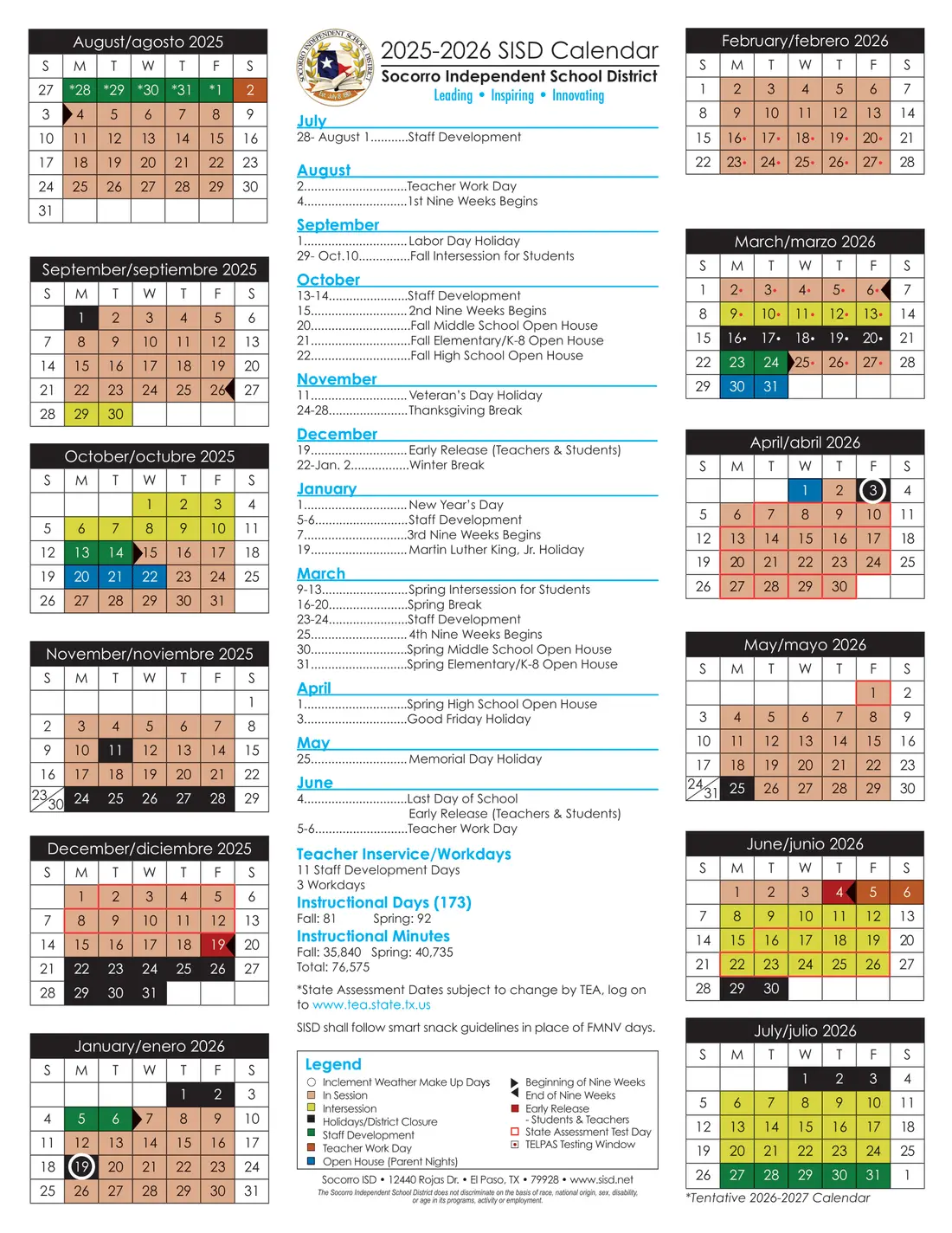 Socorro ISD 2026–2027 academic calendar
