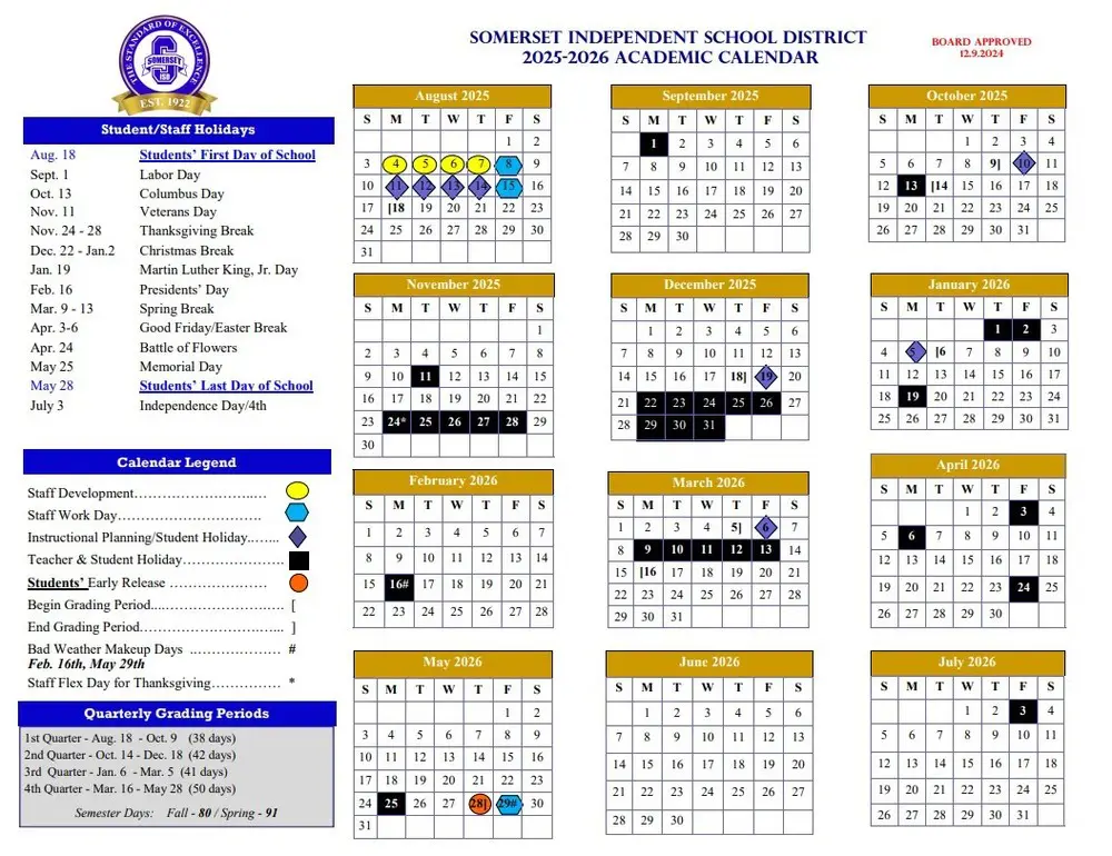 Somerset ISD 2026–2027 academic calendar