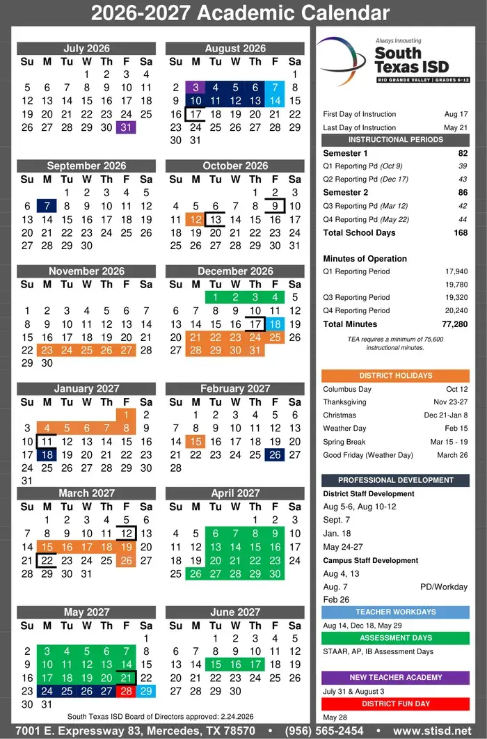 South Texas ISD 2026–2027 academic calendar