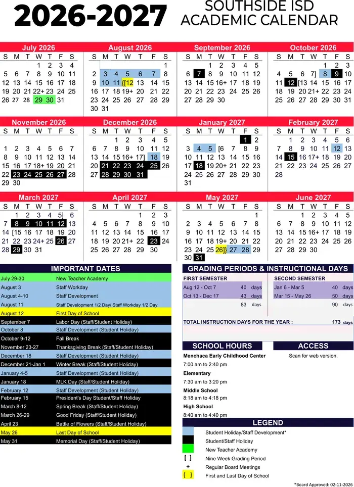 Southside ISD 2026–2027 academic calendar